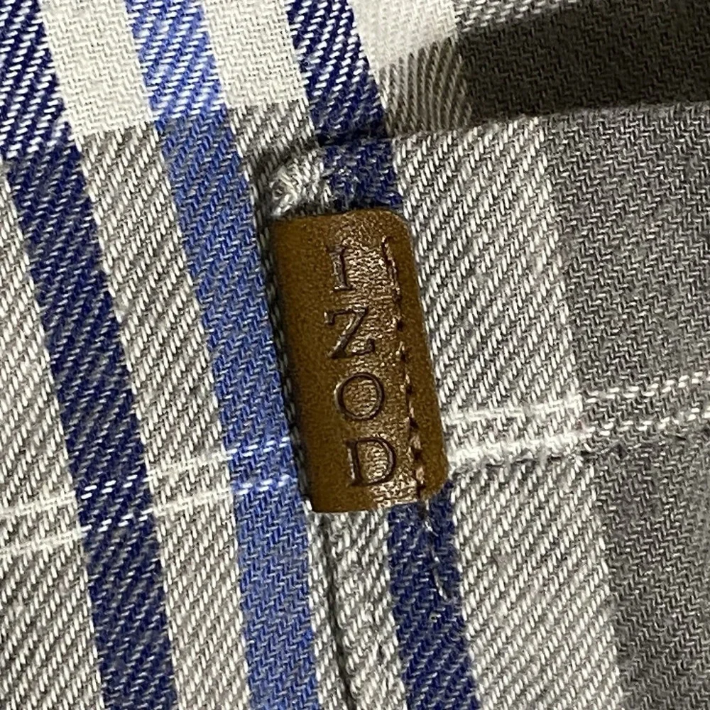 Izod Shirt Mens 2XL Gray Blue Plaid Button Down Casual Cotton Pocket Classic